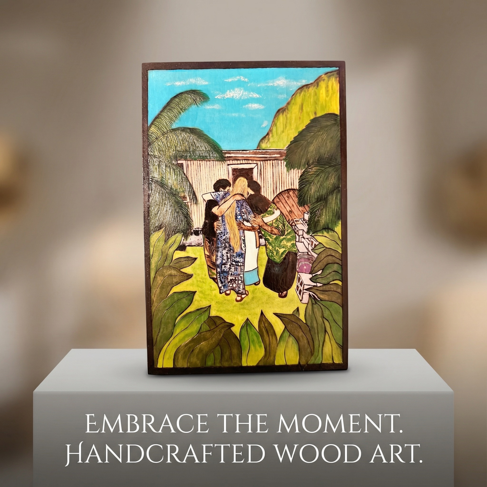 Wood-burned plaque with Hawaiian scene